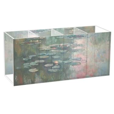 Imagem de TSENQUE Porta-lápis de acrílico personalizado Claude Monet com pintura de lírio de água para mesa, organizador de canetas, artigos de papelaria, escritório, estética, suprimentos de mesa