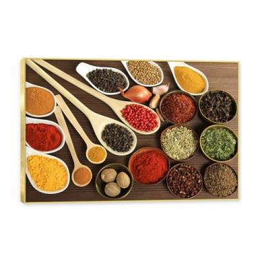 Imagem de Moldura dourada. Arte de parede em tela de especiarias coloridas e colher de tempero | Decoração de cozinha vintage | Arte moderna para casa e sala de jantar. C11. 80 x 120 cm - 31,5 x 47,3 pol