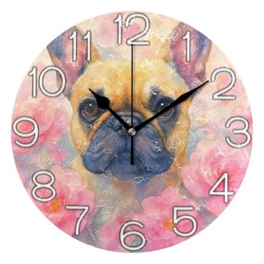 Imagem de GAIGEO Relógio de parede analógico decorativo relógio de cozinha rústico funky alimentado por bateria, decoração de parede de sala de estar moderna, desenho animado buldogue francês flor rosa, 25 cm