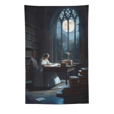Imagem de Woman In White Gown Reading At Desk In Library By Full Moon Window Wall Tapestry Cozy Literary Art For Living Room Serene Hanging Accent Classic Scene60 x290 Tapeçaria