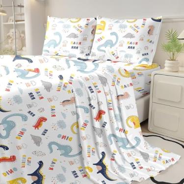 Imagem de MWMWMW Jogo de lençol infantil casal com estampa Dinoasur, 4 peças, microfibra macia com bolso profundo para meninos e meninas com 2 fronhas