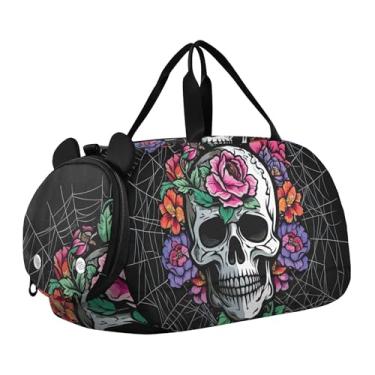 Imagem de Bolsa esportiva escocesa Highland com flores de vaca para meninas, bolsa de viagem noturna, compartimento de sapatos para meninos, Teia de flores de caveira preta, Clássico