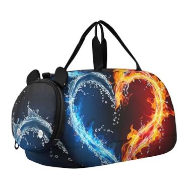 Imagem de Bolsa esportiva escocesa Highland com flores de vaca para meninas, bolsa de viagem noturna, compartimento de sapatos para meninos, Heart Water Fire Preto, Clássico