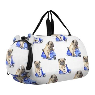 Imagem de Bolsa esportiva para meninos durante a noite, bolsa esportiva colorida com estampa de tartaruga amarela para viagem, bolsa esportiva infantil, Linda scooter de equitação Pug branca, Clássico