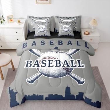 Imagem de Erosebridal Jogo de cama casal de beisebol, 7 peças, softball, para crianças, meninos, adolescentes, jogos, jogos, beisebol, cidade, (Nova York), cinza e branco