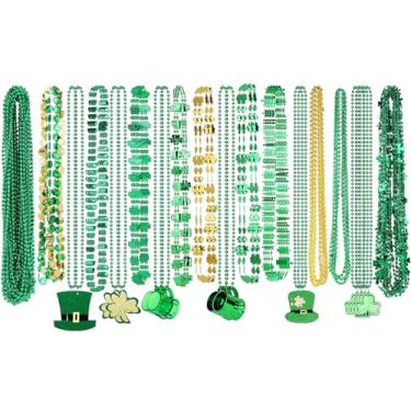 Imagem de Fovths 100 peças de colares de contas do dia de São Patrício a granel 18 tipos de pingentes moedas de trevo verde chapéu colar de contas de São Patrício para desfile decoração do dia de São Patrício