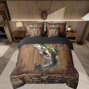 Imagem de Feelyou Jogo de cama casal de 7 peças, para meninas, meninos, crianças, para caçar peixes, campo, rústico, campo, vida marinha, edredom com edredom, lençóis, fronhas