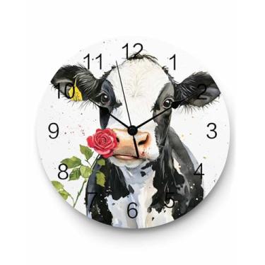 Imagem de Relógio de parede de vaca rosa PVC silencioso, sem tique-taque, operado por bateria, decorativo, casa de fazenda, animal, relógio redondo para casa, sala de estar, cozinha, quarto, escritório, escola