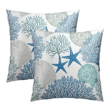 Imagem de Capas de almofada com tema de oceano de verão náutico costeiro 50 x 50 cm conjunto de 2 fronhas azuis de estrela do mar coral capas de almofada quadradas de algodão macio para decoração de sofá de