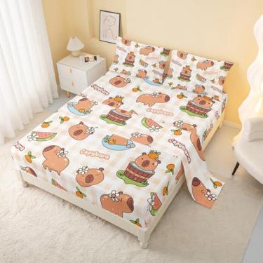 Imagem de AILONEN Jogo de lençol King fofo com estampa de capivara, laranja, 4 peças, para crianças, adolescentes, meninas, meninos, 1 lençol de cima + 1 lençol com elástico + 2 fronhas