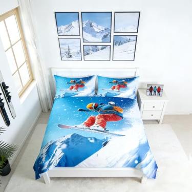 Imagem de Conjunto de capa de edredom esportivo de esqui, tamanho casal, 3 peças, para decoração de quarto de crianças, adolescentes, mulheres, homens, 3D, azul, branco, neve, montanha, capa de edredom de