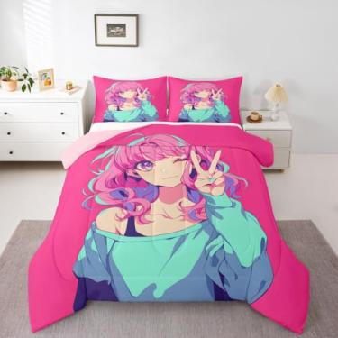 Imagem de Erosebridal Jogo de cama de anime japonês 3D para meninas, estilo kawaii, estilo japonês, desenho animado, uniforme de meninas, para decoração de quarto rosa, king