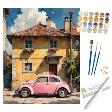 Imagem de Kit de pintura de cena vintage por números para adultos - DIY pintura clássica rosa para carro e casa amarela enrolada em tela 40,6 x 50,8 cm, conjunto de tinta acrílica para iniciantes, arte para
