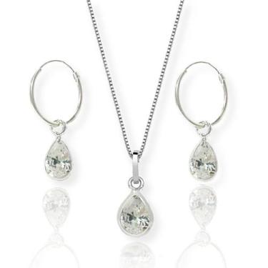 Imagem de Conj Colar E Brinco Argola Pingente Gota Zirconia Prata 60cm - Lojas L