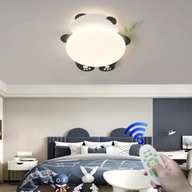 Imagem de Luminária de teto LED moderna em preto e branco com desenho de panda fofo, ideal para quarto infantil, com controle remoto e função de dimerização. Perfeita para escritório, quarto e berçári