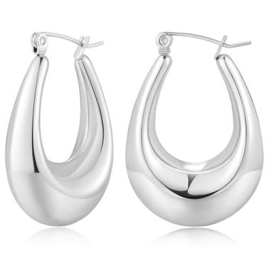 Imagem de Brincos de argola de prata média para mulheres de aço inoxidável 316L elegantes argolas ovais hipoalergênicas de titânio