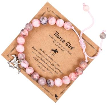 Imagem de Molain Pulseira com pingente de cavalo, contas de pedra rosa ajustáveis, presente para mulheres que amam cavalos, Natal, aniversário