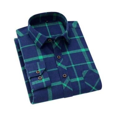 Imagem de Camisa De Flanela De Algodão Masculina De Manga Longa Com Estampa Xadr