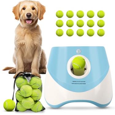 Imagem de FAHKNS Lançador automático de bolas para cães pequenos, brinquedo interativo para cães internos/externos, lançador de bola recarregável por USB, 30 a 30 pés, inclui 15 mini bolas de tênis, azul