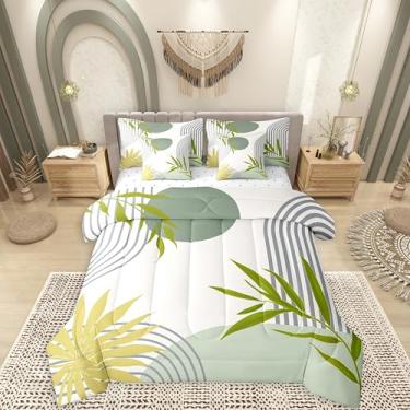Imagem de Conjunto de edredom Queen abstrato moderno, com 7 peças, botânico, minimalista, geométrico, verde, cinza, inclui edredom, conjunto de lençol, fronhas e fronhas, decoração de quarto estética de meados