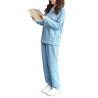 Imagem de HHHJQFAAT Pijama feminino flanela serviço doméstico casal pijama outono e inverno espessamento e veludo gola redonda terno de veludo (127 azul celeste.)