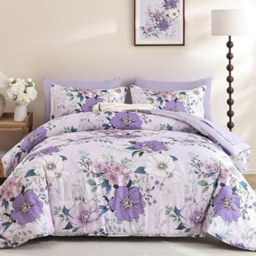 Imagem de Xruibed Conjunto de edredom floral, roxo, tamanho king, 7 peças, cama em uma bolsa, boêmio, com lençol, fronhas, fronhas de microfibra macia para todas as estações (King 264 x 224 cm)