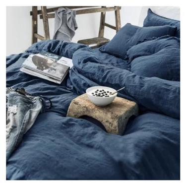 Imagem de Conjunto de cama de cor sólida 100% linho puro, capa de edredom e travesseiro de linho, capa de colcha, cama de luxo em uma bolsa (uma cor 230 x 250 cm)