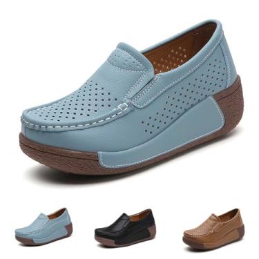 Imagem de Mocassim feminino plataforma sem cadarço moderno, leve, confortável, respirável, bico redondo, plataforma baixa, Azul vazado, 36