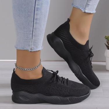 Imagem de Tênis feminino de largura larga - sapatos plataforma de malha respirável com cadarço, sapatos de caminhada de salto baixo da moda para mulheres - sapatos casuais femininos confortáveis, Preto, 34