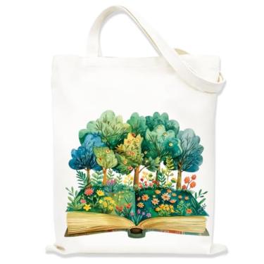 Imagem de Sacola estética Book Forest para mulheres e meninas, bolsas de tecido com alças, sacola temática de livros para amantes de livros, sacolas fofas para mulheres, sacola reutilizável para viagens