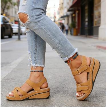 Imagem de Sandálias femininas de salto baixo plataforma elegantes de verão com tira no tornozelo, bico aberto, plataforma, confortável, Marrom, 35