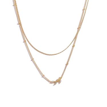 Imagem de OIDIMS Colar feminino em camadas de folha de oliveira moderno banhado a ouro 18 quilates, berloques de aço inoxidável, gargantilha vintage, boêmio, com pingente de folhas de zircônia cúbica, simples