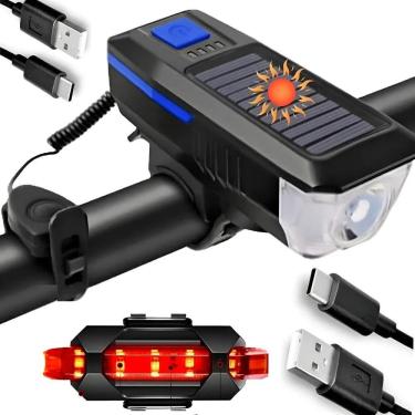 Imagem de Lanterna Farol Solar Bike Buzina Led Traseiro Ciclista Azul