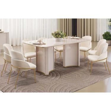 Imagem de Conjunto: Mesa Sala Jantar Liz c/ Tampo Madeirado c/ Vidro Curvo 180x100cm e 8 Cadeiras Vitta Off White - Boucle Perola - DJ Móveis