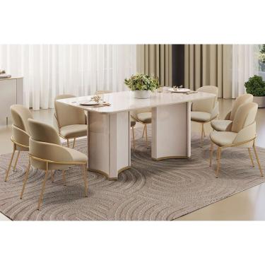 Imagem de Conjunto: Mesa Sala Jantar Liz c/ Tampo Madeirado c/ Vidro Curvo 180x100cm e 8 Cadeiras Vitta Off White - Linho Bege - DJ Móveis