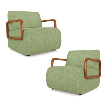 Imagem de Kit 2 Poltronas Decorativa Sala De Estar Odessa Braços Em Madeira Bouclê Verde Oliva G33