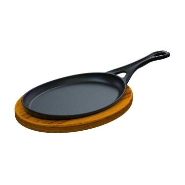 Imagem de Frigideira Oval Cabo Ferro Fundido Suporte Madeira 25x18cm