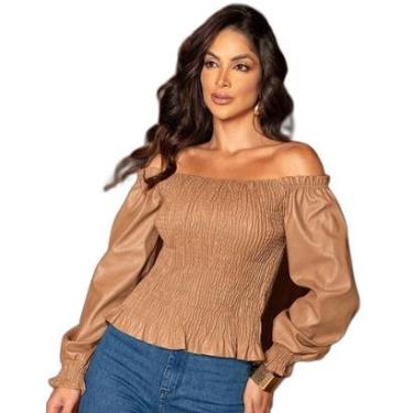 Imagem de BLUSA MATERIAL SINTÉTICO CIGANINHA FEMININA MANGA LONGA 90547 G CAQUI UNICA-Feminino