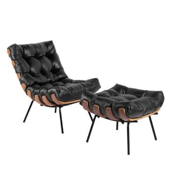 Imagem de Kit Poltrona Costela Com Puff Para Sala Veludo Preto Neros Interiores