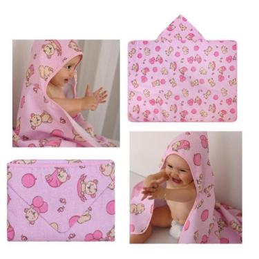 Imagem de Toalha Banho Bebe Toalha C/ Forro Fralda 70x90cm Bercinho, RosaUrsaBal