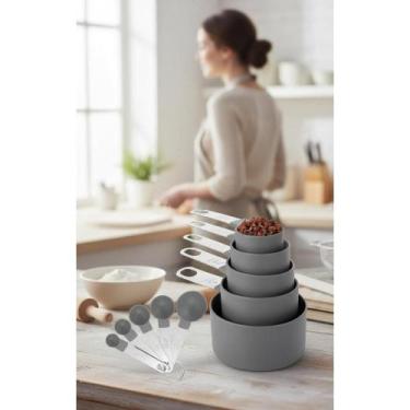 Imagem de 2x Kit 8 Pçs Colher Xícara Medidora Aço Inox Cinza Cozinha - Congratul