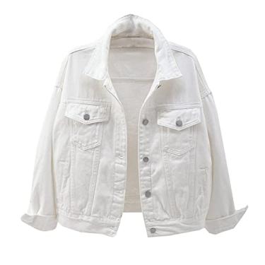 Imagem de Jaqueta Jeans Feminina Boyfriend Manga Longa Solta Moda Casaco de Transição Primavera Outono com Botão Branco G