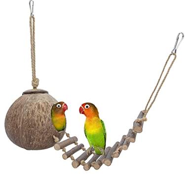 Imagem de Niteangel Hideaway para hamster de coco natural com escada, pássaro e brinquedo de animais pequenos (Casa com escada, superfície lisa)