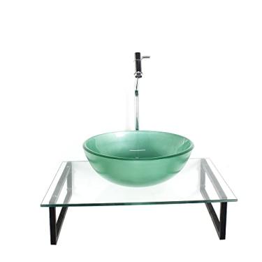 Imagem de KIT CUBA DE VIDRO REDONDA 10MM VERDE COM TAMPO 50CM INCOLOR E SUPORTE PRETO