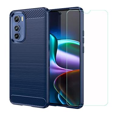 Imagem de FZYM Capa para Motorola Edge 30 + protetor de tela película protetora de vidro temperado, capa de fibra de carbono azul de silicone macio TPU para Motorola Edge 30 (6,5 polegadas)