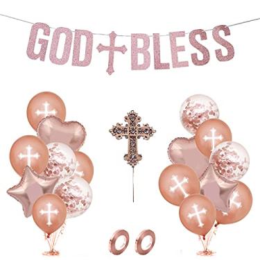 Imagem de God Bless Banner batismo, decorações de batismo para meninas, balões de confirmação, balões de primeira comunhão, balões de cruz para batismo, balões de cruz de batismo, decorações de batismo, chá de bebê