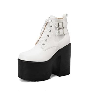 Imagem de Botas femininas com cadarço no tornozelo, bloco robusto punk, salto alto gótico motociclismo, botas de combate,White,4 UK/37 EU