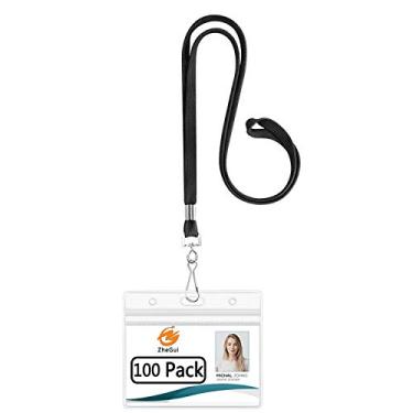 Imagem de Porta-crachás de plástico transparente com cordão Porta-crachá de identificação horizontal 3x4 grande Porta-cartões de identificação em PVC à prova d'água da ZHEGUI (preto acetinado, pacote com 100)