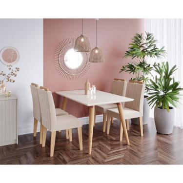 Imagem de Conjunto de Mesa de Jantar Adele com Tampo de Vidro Off White e 4 Cadeiras Estofadas Paola Suede Nude e Madeira