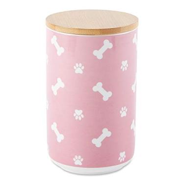 Imagem de Bone Dry Recipiente de cerâmica com tampa de bambu, coleção Paw & Bone, pote de petiscos, 10 x 15 cm, rosa